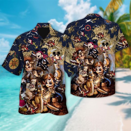 Discover Pirates of the Caribbean Mickey Mouse Hawaiian Shirt, Pirate Treasure Minnie Pluto Goofy Button Up, Pirate Mickey Hawaii Tee