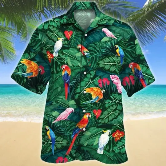 Discover Dark Green Hawaiian Shirt with Tropical Parrots, Summer Aloha Shirt