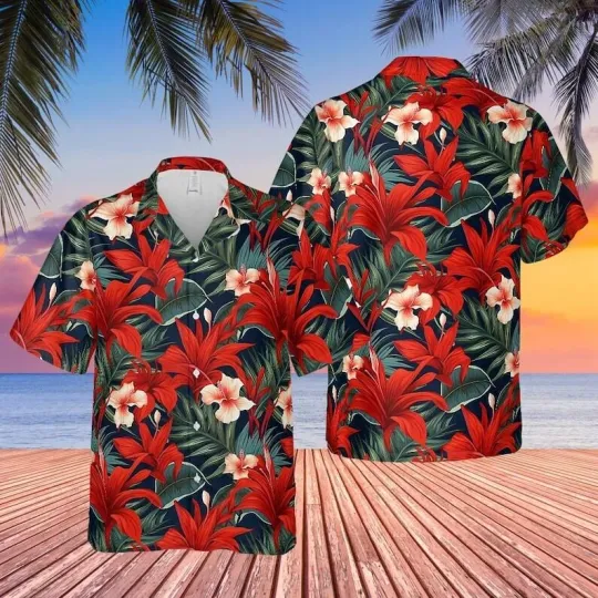 Discover Red Tropical Flowers Men's Hawaiian Shirt with Floral Print for Summer