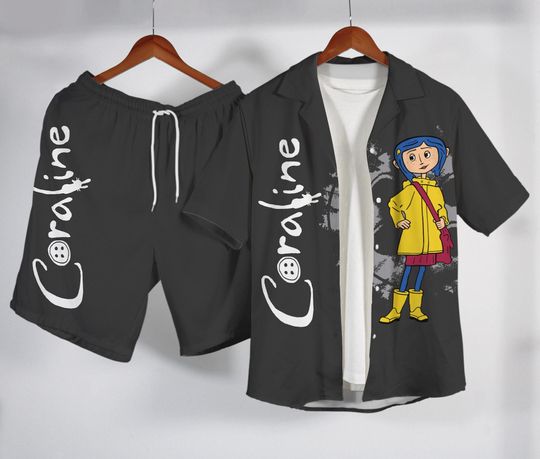 Discover Personalized Coraline Hawaiian Shirt, Custom Name Horror Button Up Shirt and Short, Spooky Halloween Vacation Gift, Coraline Shirt Gifts