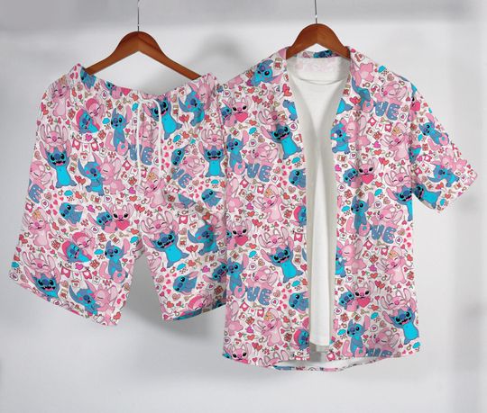 Stitch Angel Hawaiian Shirt, Cute Love Beach Outfit, Valentines Aloha Button Up Shirt, Summer Vacation Gift Shirt