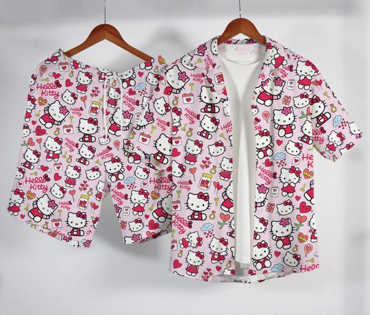 Hello Kitty Hawaiian Shirt Set, Cute Kawaii Summer Outfit, Pink Cat Button Up Beach Shirt, Adorable Vacation Gift