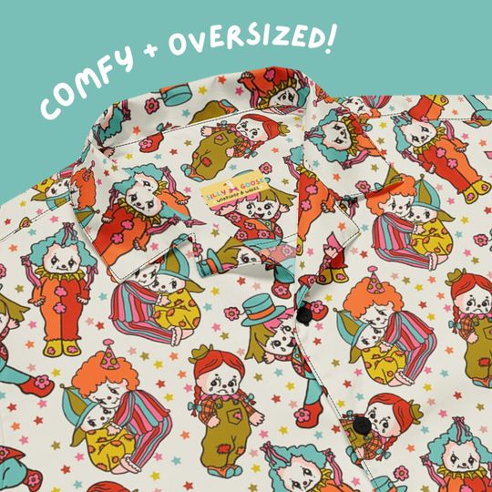 Discover Kewpie Clown Button Up | Unisex Oversized Hawaiian Shirt | Clowncore, Kidcore, Retro, Novelty Top, Birthday Party, Unique Funny Gift Idea