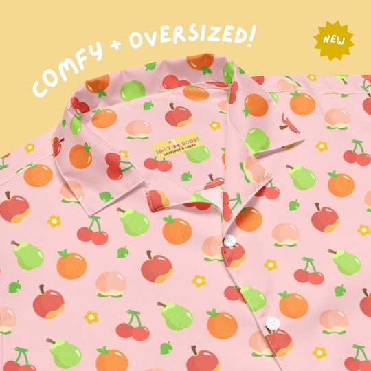 Discover Forest Fruit Pink | Unisex Oversized Button Up Hawaiian Shirt | Animal Videogame | Unique Funny Gift Idea