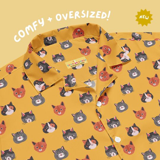 Discover Feline Frenzy | Unisex Oversized Button Up Hawaiian Shirt | Cat Pattern | Unique Funny Gift Idea