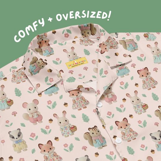 Discover Cozy Critters Blush Button Up | &nbsp;Unisex Oversized Hawaiian Shirt | Critter, Kidcore, Cottagecore, Novelty Top, Blind Box, Unique Kawaii Gift