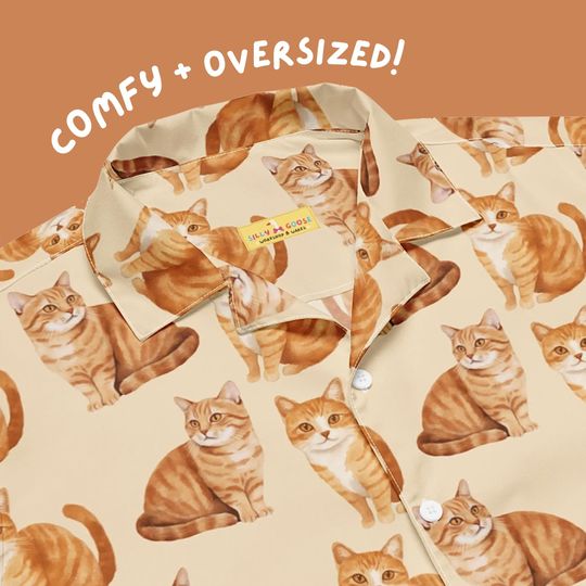 Discover Feel-ine Orange Button Up | Unisex Oversized Hawaiian Shirt | Cat Dad, Pet Parent,Tabby, Novelty Top, Holiday, Party, Unique Funny Gift Idea