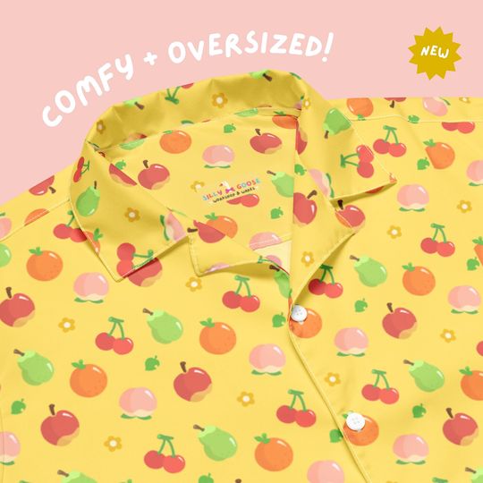Discover Forest Fruit Yellow | Unisex Oversized Button Up Hawaiian Shirt | Animal Video Game | Unique Funny Gift Idea