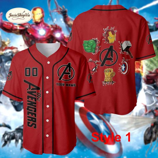 Discover Personalized Avengers Team Baseball Jersey, Custom Marvel Heroes Shirt, Iron Man Hulk Thor Spiderman Captain America Uniform