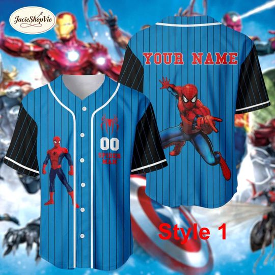 Discover Personalized Marvel Superhero Baseball Jersey, Custom Avengers Pinstripe Shirt, Spiderman Thor Wolverine Captain America Cyclops Uniform