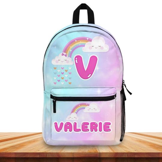 Discover Personalized Pastel Rainbow Backpack for Girls, Custom Name School Bag, Rainbow Clouds and Hearts Rucksack, Back to School Gift