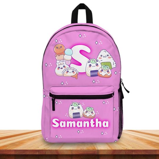Discover Personalized Kawaii Sushi Backpack, Custom Name Japanese Food School Bag, Pink Anime Style Rucksack, Cute Back to School Gift