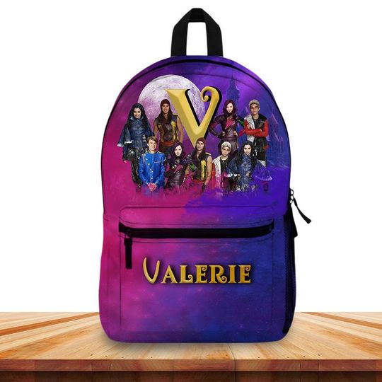 Personalized Descendants Backpack for Girls, Custom Name Mal & Evie School Bag, Purple Galaxy Bookbag