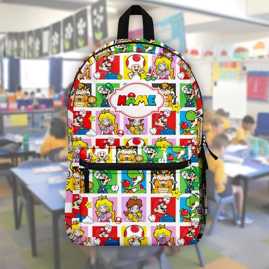 Discover Mario Personalized School Backpack with Name, Kids Mario Backpack, Mario Back to School Gift