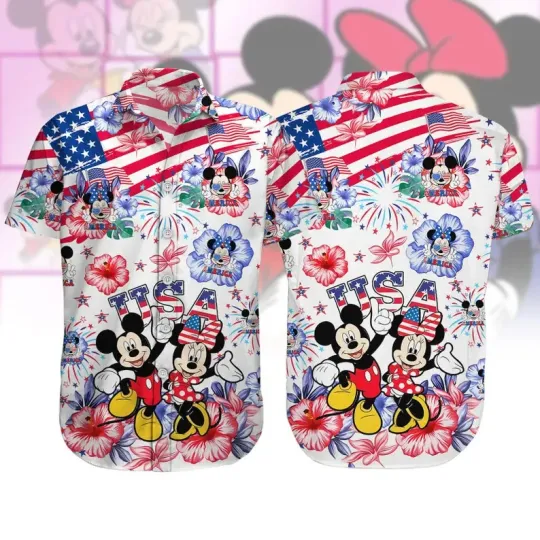 Discover Disney Cartoon 4th Of July Mickey And Minnie Red White And Blue Hawaiian Shirt