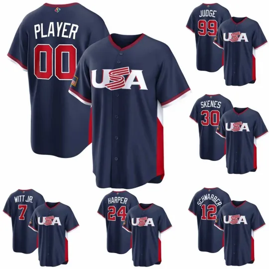 Discover Men's USA Baseball Jersey, Navy 2026 World Baseball USA T Shirt Customizable
