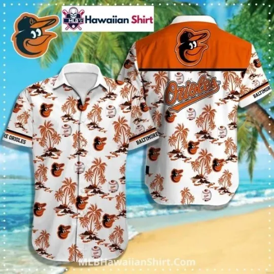 Discover Palm Island Print Baltimore Baseball Team Orioless Hawaiian Shirt White Base