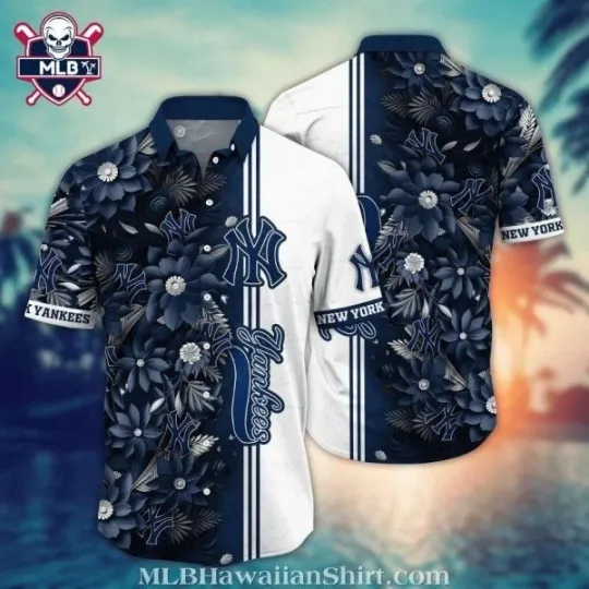 Discover Monochrome Floral Patterns NY Baseball Team Yankeess Aloha Shirt