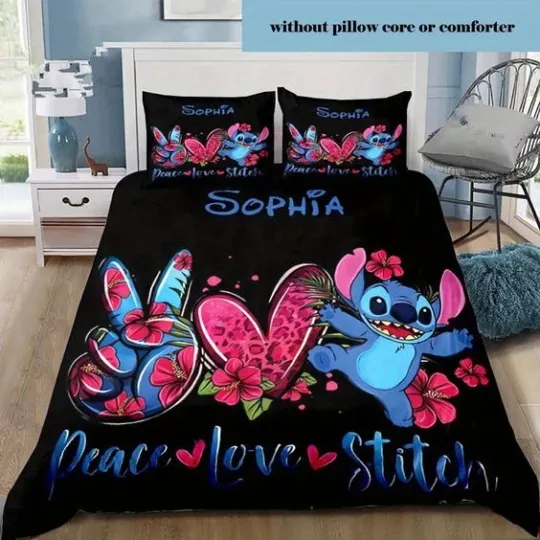 Discover Personalized Peace Love Stitch Tropical Flowers Stitch & Lilo Xmas Bedding Set