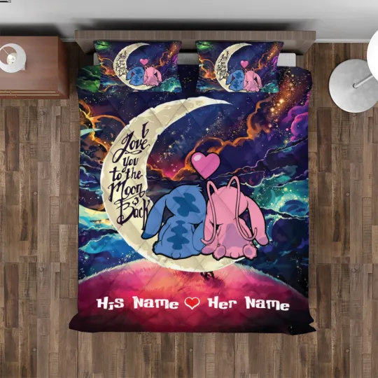 Personalized Stitch And Angel I Love You To The Moon And Back Quilt Set