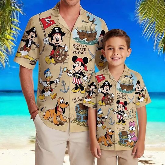 Discover Mickey and Friends Pirate Button Shirt, Disney Pirate Cruise Hawaiian Shirt, Adventurous Pirate Mickey Casual Shirt For Dad, Mom And Ki