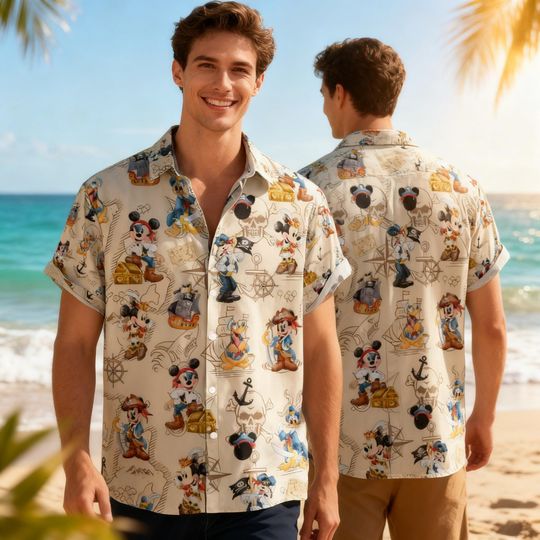 Discover Retro Pirate Mickey & Friends Hawaiian Button Shirt, Vintage Disney Cruise Vacation Aloha Shirt, Tropical Summer Party Beach Button Up 2026