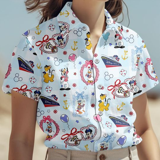 Disney Cruise Line Button Shirt, Mickey Minnie Donald Pluto Summer Short, Nautical Disney Beach Vacation Outfit, Disney Family Trip