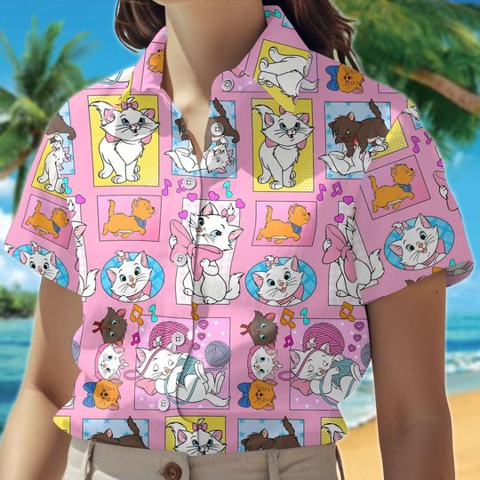 The Aristocats Marie Button Shirt, Pink Disney Cat Hawaiian Short, Marie Toulouse Berlioz Summer Outfit, Cute Kitty Beach Wear