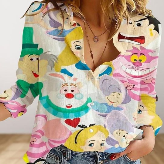 Discover Alice in Wonderland Women's Linen Look Blouse, Disney Character Casual Shirt, Magic Kingdom Top, Gift for Her