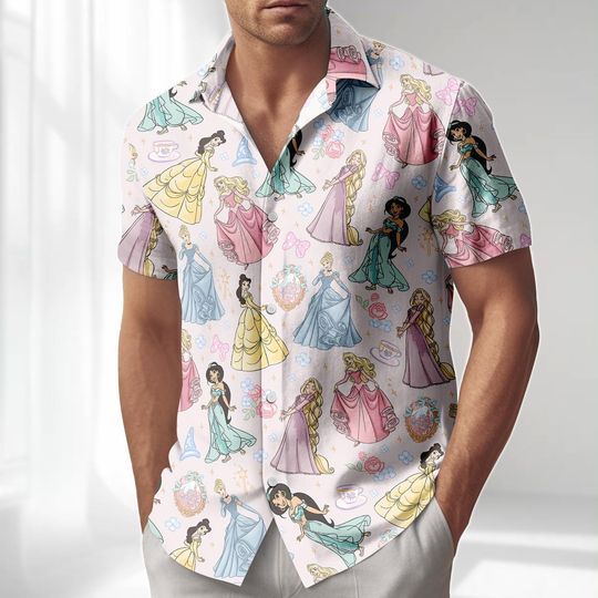 Disney Princess 2026 Hawaiian Shirt, Rapunzel Cinde Belle Princess Button Shirt, Beach Party Shorts Men, Disney Girl Trip Outfit