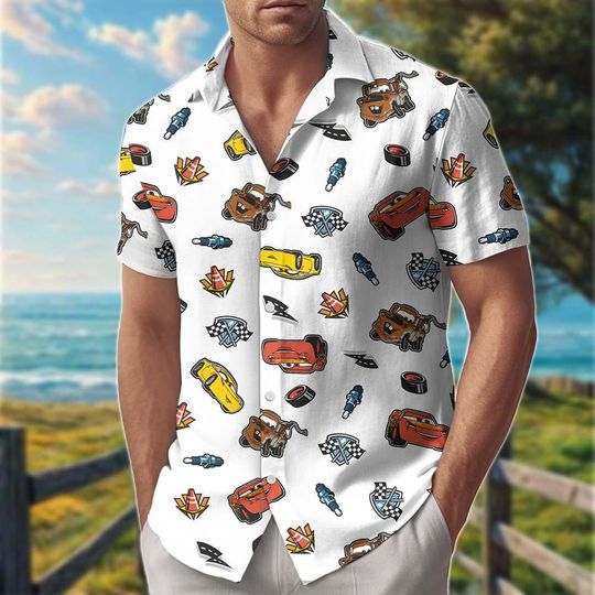 Disney Cars Button Up Shirt, Pixar Lightning McQueen Short, Tow Mater Sally Carrera Hawaiian Shirt, Disneyland Vacation Shirt