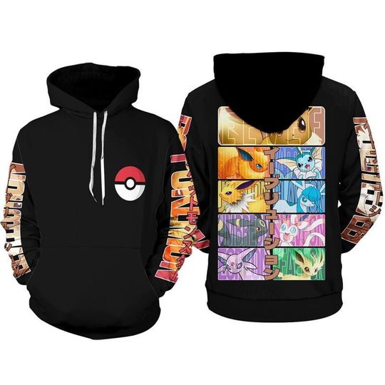 Eevee Evolution 3D Full Print Hoodie, PKM Anime Japanese Hoodie, Eevee Cosplay Sweatshirt