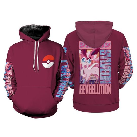 Sylveon PKM 3D Full Over Print Hoodie, Eevee PKM Hoodie, Sylveon Cosplay Sweatshirt