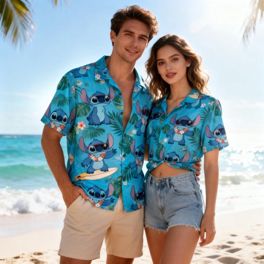 Discover Stitch Aloha Button Down Shirt, Disney Tropical Vacation Apparel, Floral Lilo and Stitch Beach Wear, Unisex Disneyland Summer Party Top 2026