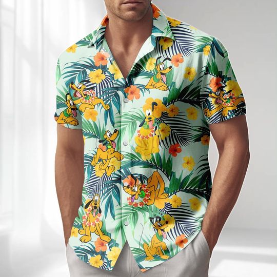 Discover Pluto Dog Hawaiian Shirt, Disney Trip 2026 Button Shirt, Beach Men, Funny Cartoon Dog Shirt, Disney Family Vacation Outfits