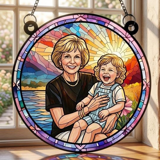 Discover Custom Photo Portrait Round Glass Suncatcher Window Decor Mother’s Day Gift from Kids