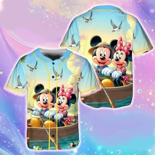 Discover Mickey & Minnie Mouse Go Fishing Cartoon Boat Scene Baseball Jersey Shirt