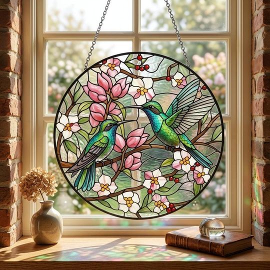 Hummingbird Round Glass Window Decor, Stained Glass Suncatcher Ornament, Floral Window Ornament, Mother's Day Gift