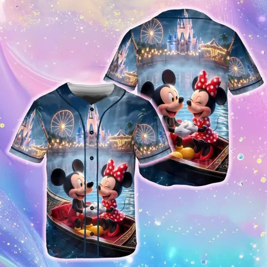 Discover Mickey & Minnie Mouse Couple Fan Gift Romantic Night Baseball Jersey Shirt