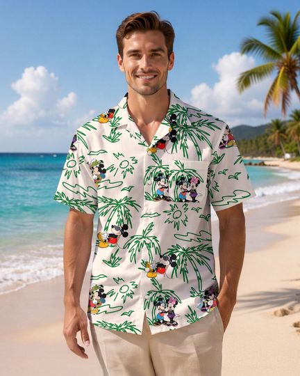 Mickey & Minnie Palm Tree Hawaiian Aloha Shirts  Family Matching Disney Green Sketch Beach Luau Summer Vacation Cruise
