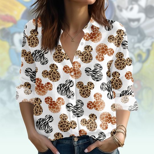 Animal Print Blouse Shirt with Mickey Buttons for Women