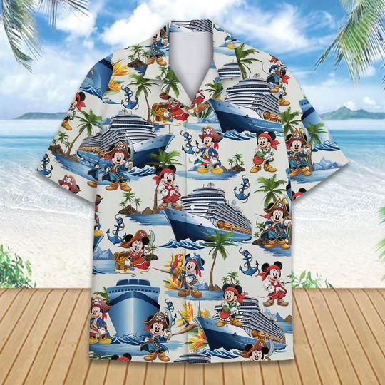 Discover Pirate Mickey and Friends Hawaiian Shirt, Treasure Island Aloha Shirt, Tropical Pirate Button Up, Family Vacation Shirt, Disney Trip 2026