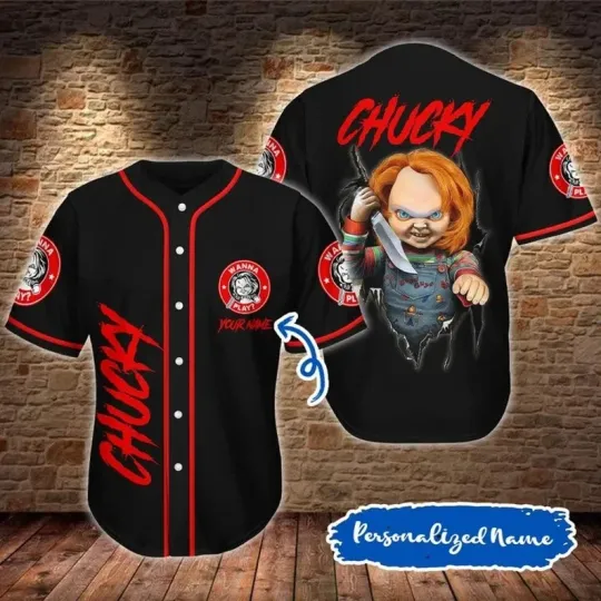 Personalized Child's Play Chucky Doll With Knife Cracking Baseball Jersey Shirt
