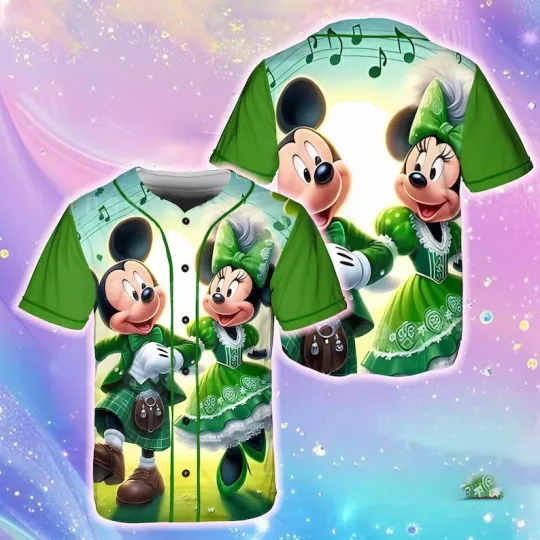 Discover Mickey & Minnie Mouse Dancing Happy St. Patrick's Day Baseball Jersey Shirt