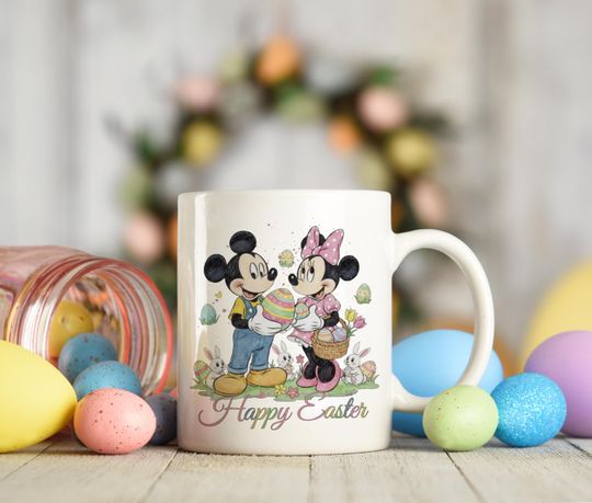 Discover Retro Happy Easter Disney Coffee Mug, Mickey And Minnie Easter Mug Gift, Vintage Easter Mickey Mug, Kids Easter Disney Ceramic Mug