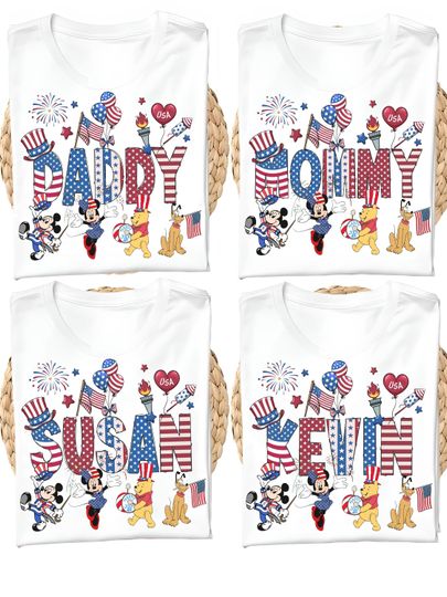 Discover Personalized Disney 4th of July Shirts, Family Matching Patriotic Mickey Minnie USA Flag Tee, Custom Name Independence Day Trip Shirt