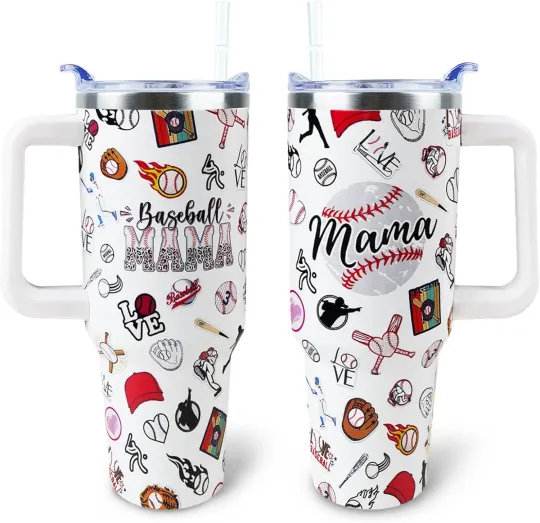 Discover Baseball Mom 40 Oz Tumbler with Handle and Straw Lid Leak Proof - Baseball Mom T