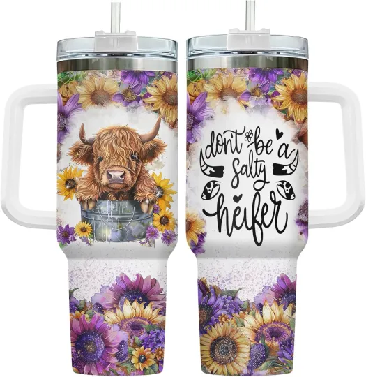 Discover Highland Cow Tumbler 40Oz with Handle and Straw - Don'T Be a Salty Heifer Floral