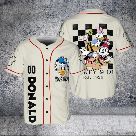 Discover Custom Donald Duck Mickey & Co. Est 1928 Checkerboard Baseball Jersey Shirt