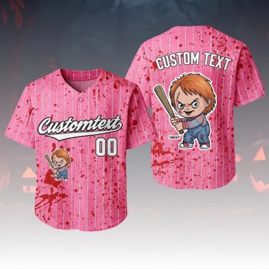 Discover Custom Chucky Playing Baseball Horror Doll Pink Theme Baseball Jersey Shirt